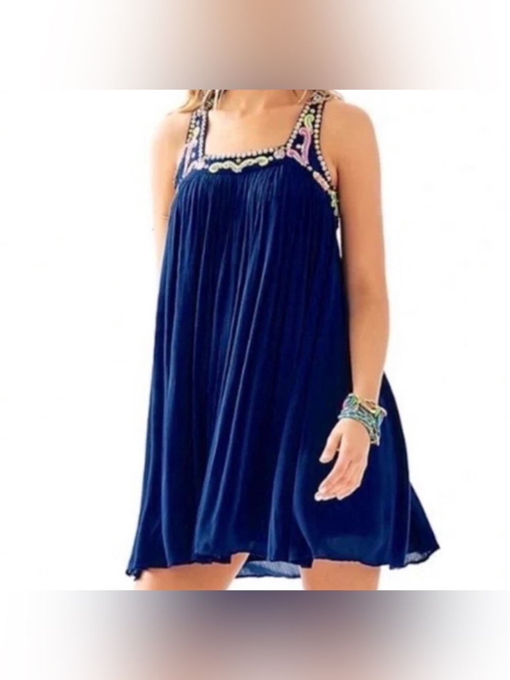 Lilly Pulitzer Lorna Navy Trapeze Swing Dress Beaded Neon Gauzy Embroidered